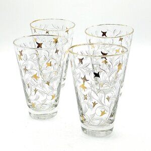 Vintage Libbey 1950s Royal Fern Gold Trimmed Drinking Beverage Glasses Set Four